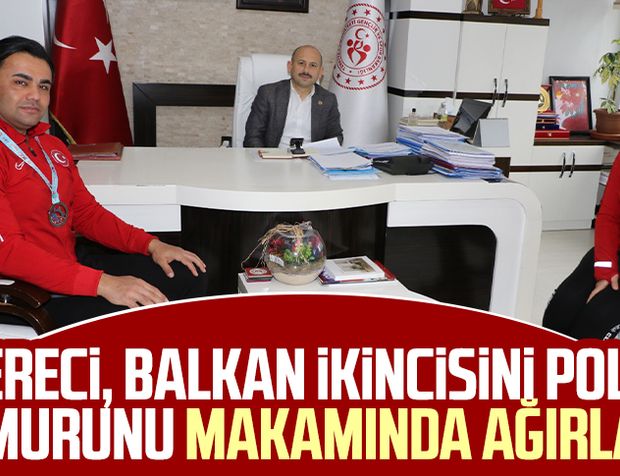 Samsun Gençlik ve Spor İl Müdürü Feyzullah Dereci, balkan ikincisini polis memurunu makamında ağırladı 