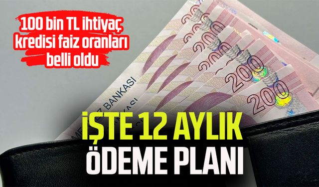 100 bin TL ihtiyaç kredisi faiz oranları belli oldu: İşte 12 aylık ödeme planı