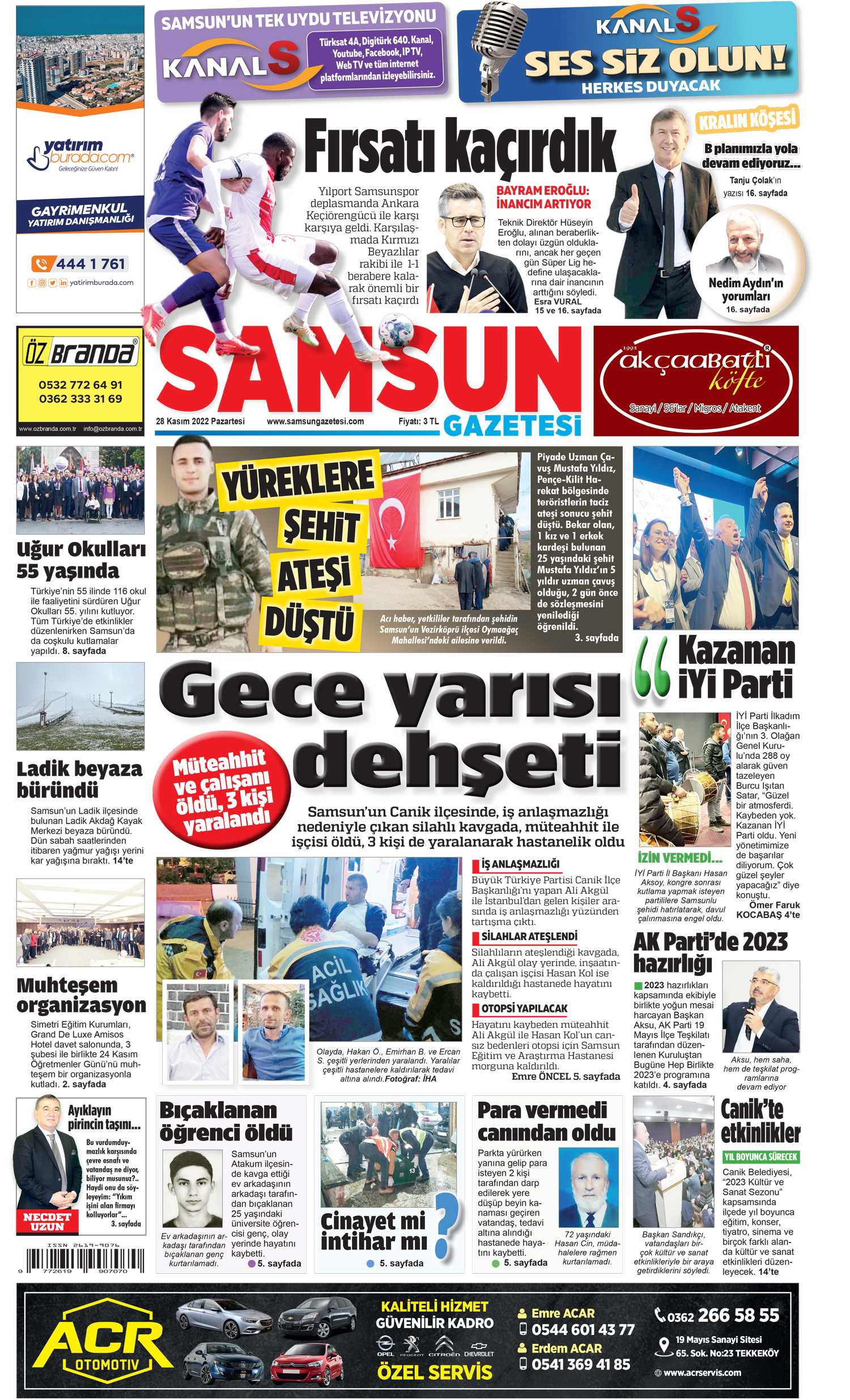 28 Kasım Pazartesi Samsun Gazetesi