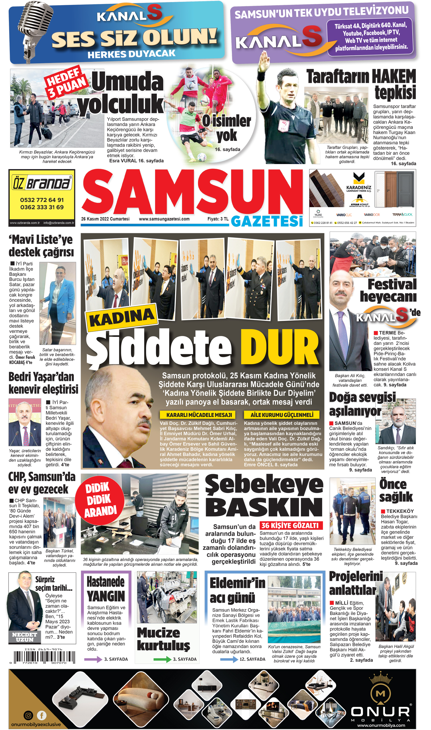 26 Kasım Cumartesi Samsun Gazetesi