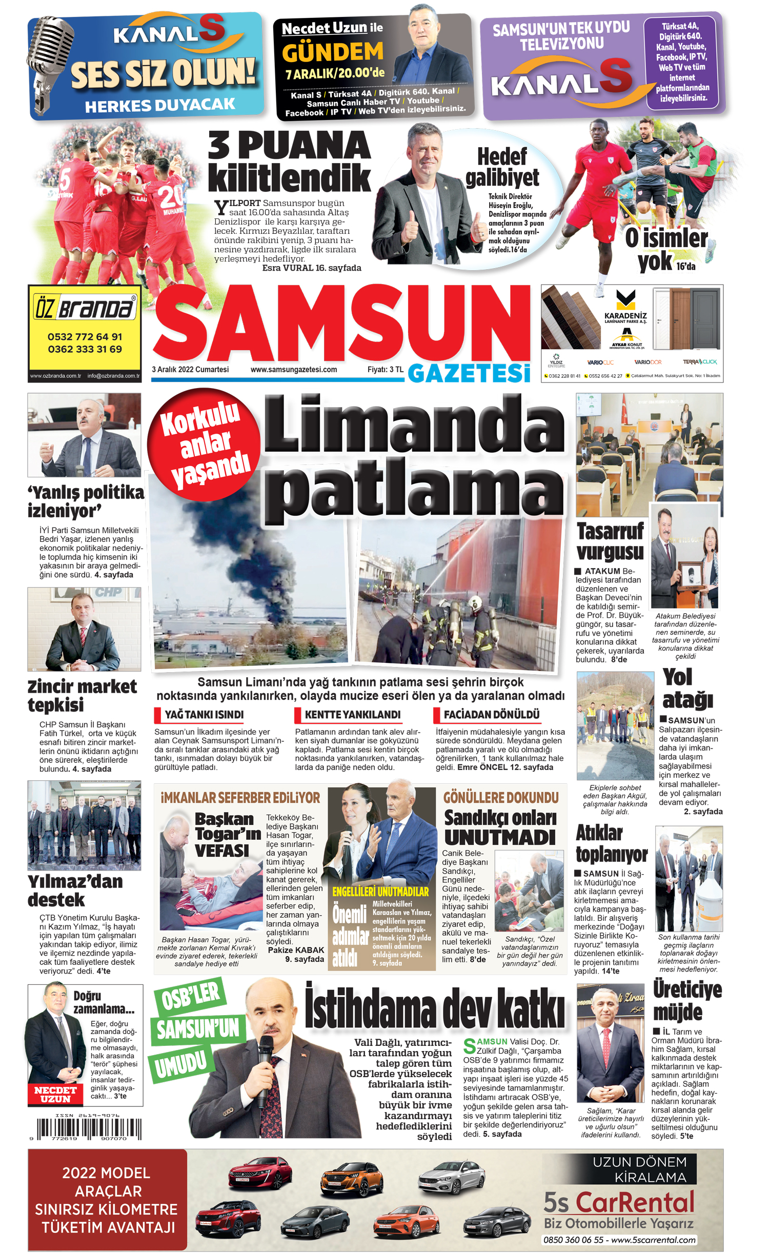 3 Aralık Cumartesi Samsun Gazetesi