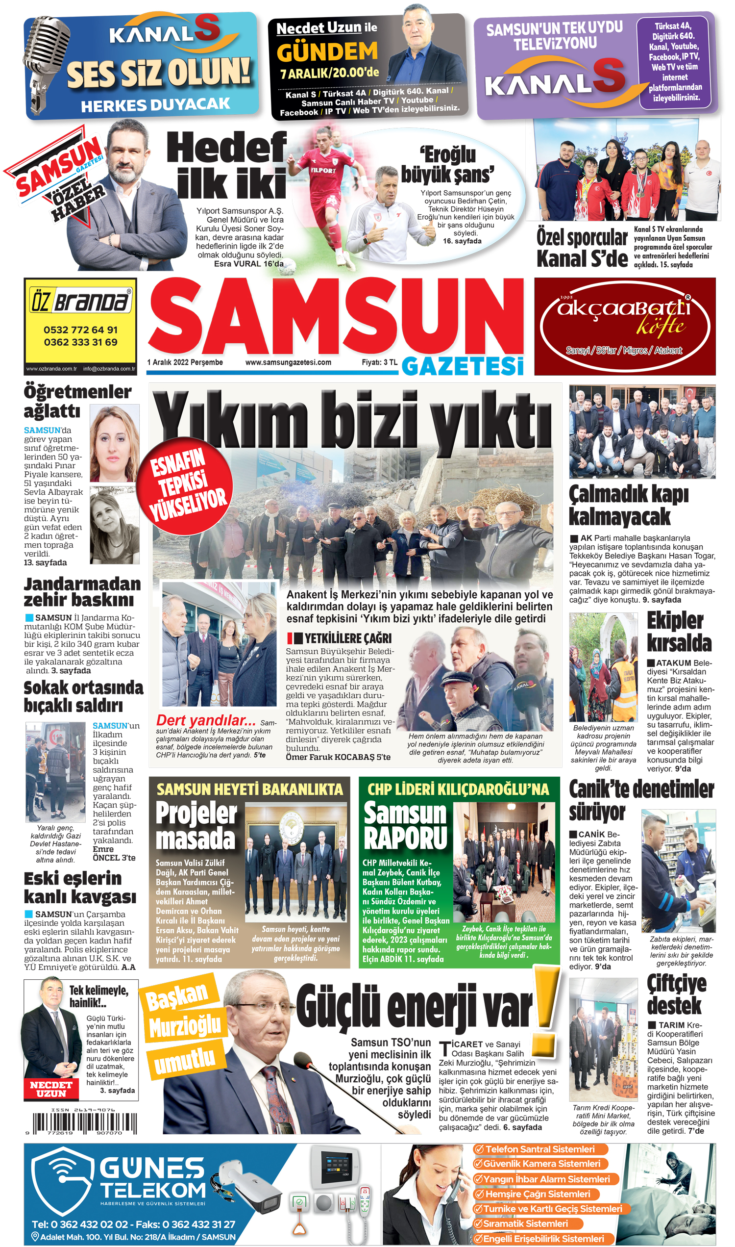 1 Aralık Perşembe Samsun Gazetesi