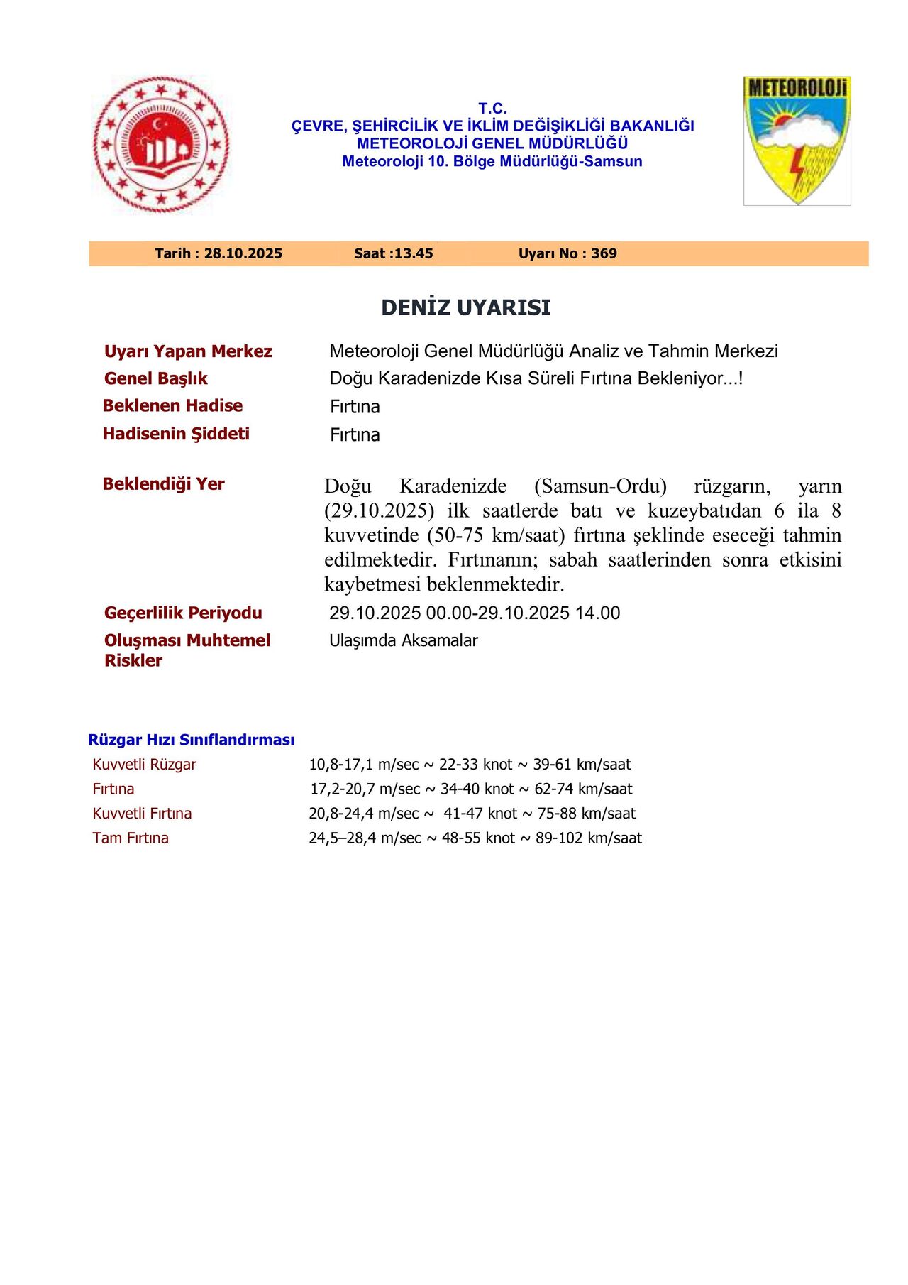 Samsun'da fırtına alarmı