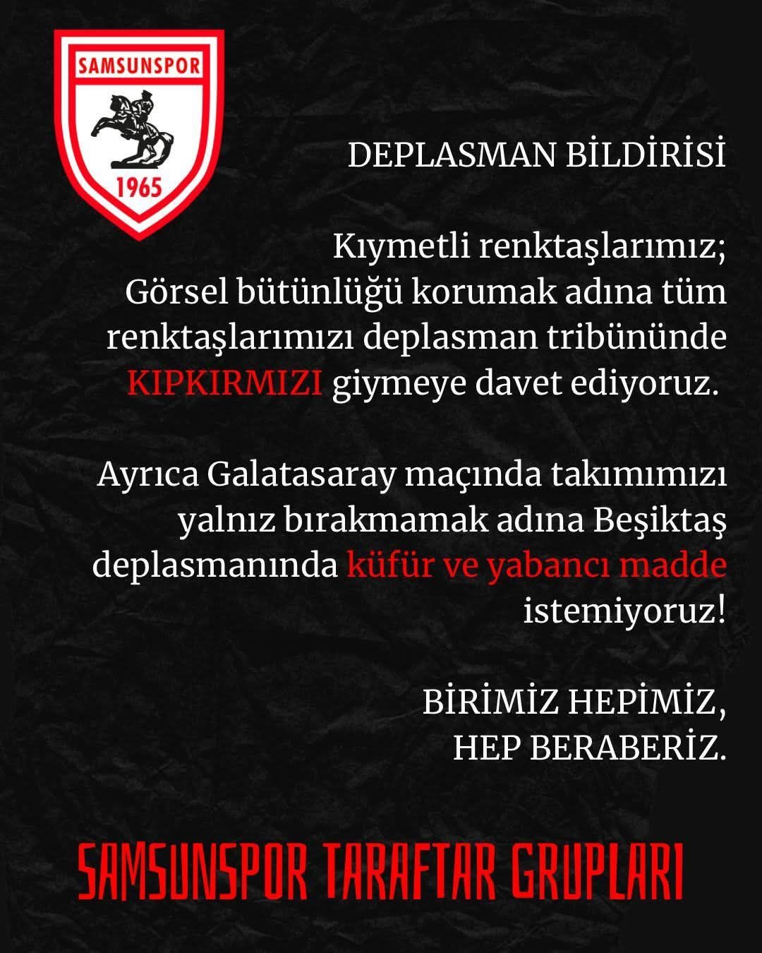 Samsunspor taraftar gruplarından "kıpkırmızı gelin" çağrısı 