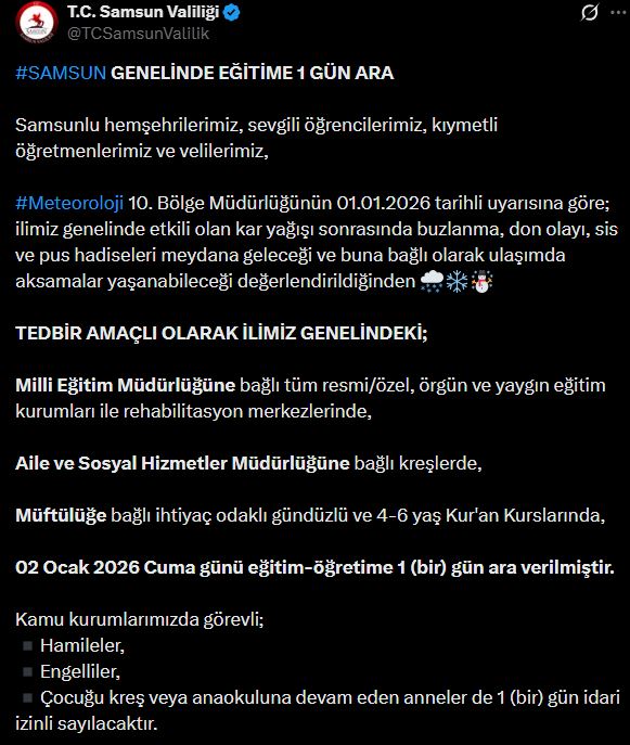 Samsun Valiligi Kar Tatili