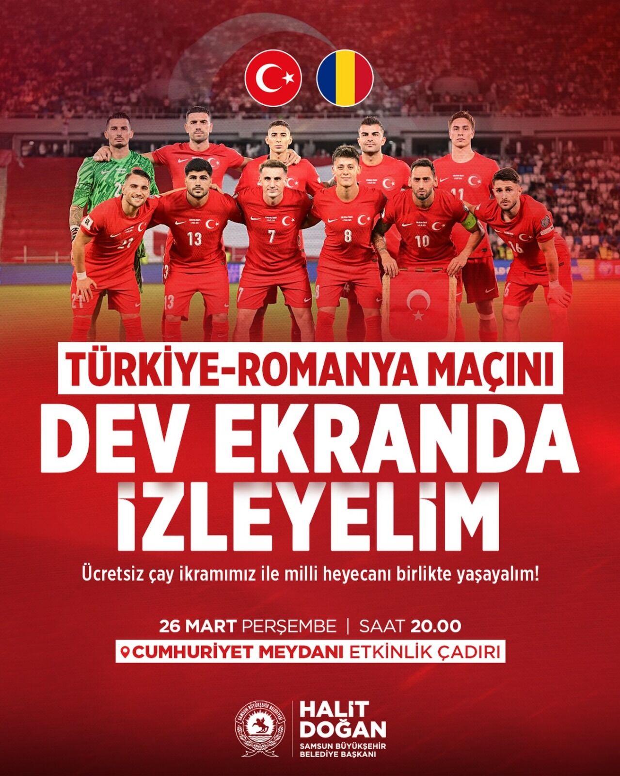 A Milli Takım’ın Romanya karşılaşması, Samsun’da iki ayrı noktada kurulan dev ekranlarda vatandaşlarla buluşacak