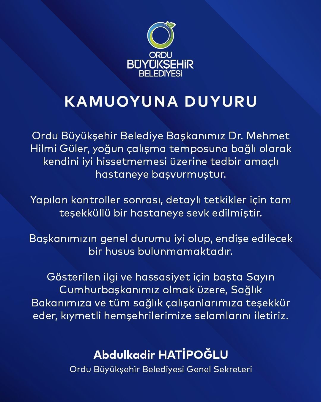 Ordu Büyükşehir Belediye Başkanı Mehmet Hilmi Güler hastaneye kaldırıldı
