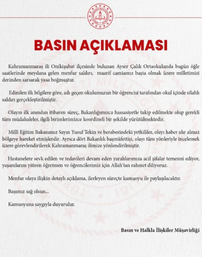 Kahramanmaraş'taki okul saldırısı sonrası Milli Eğitim Bakanlığı'ndan açıklama