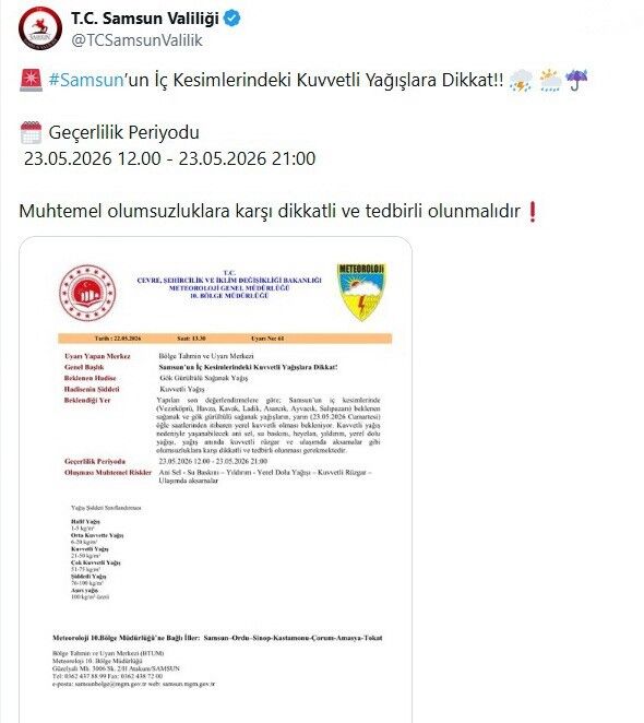 samsun haber: Meteoroloji'den Samsun için uyarılar peş peşe! 9 saat sürecek