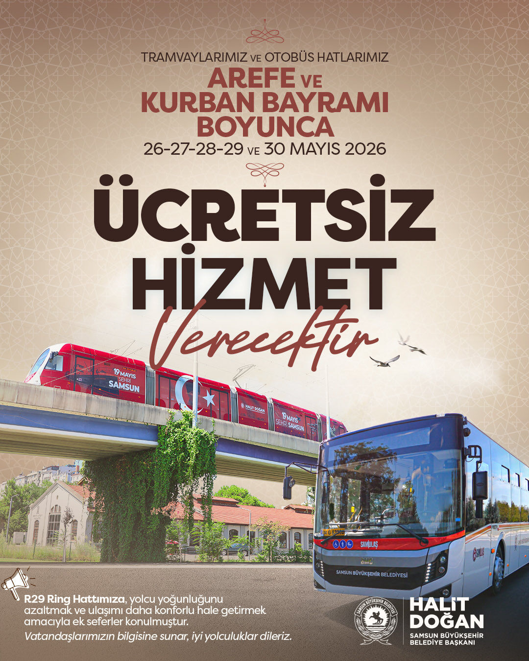 Samsun’da bayram boyunca toplu ulaşım ücretsiz