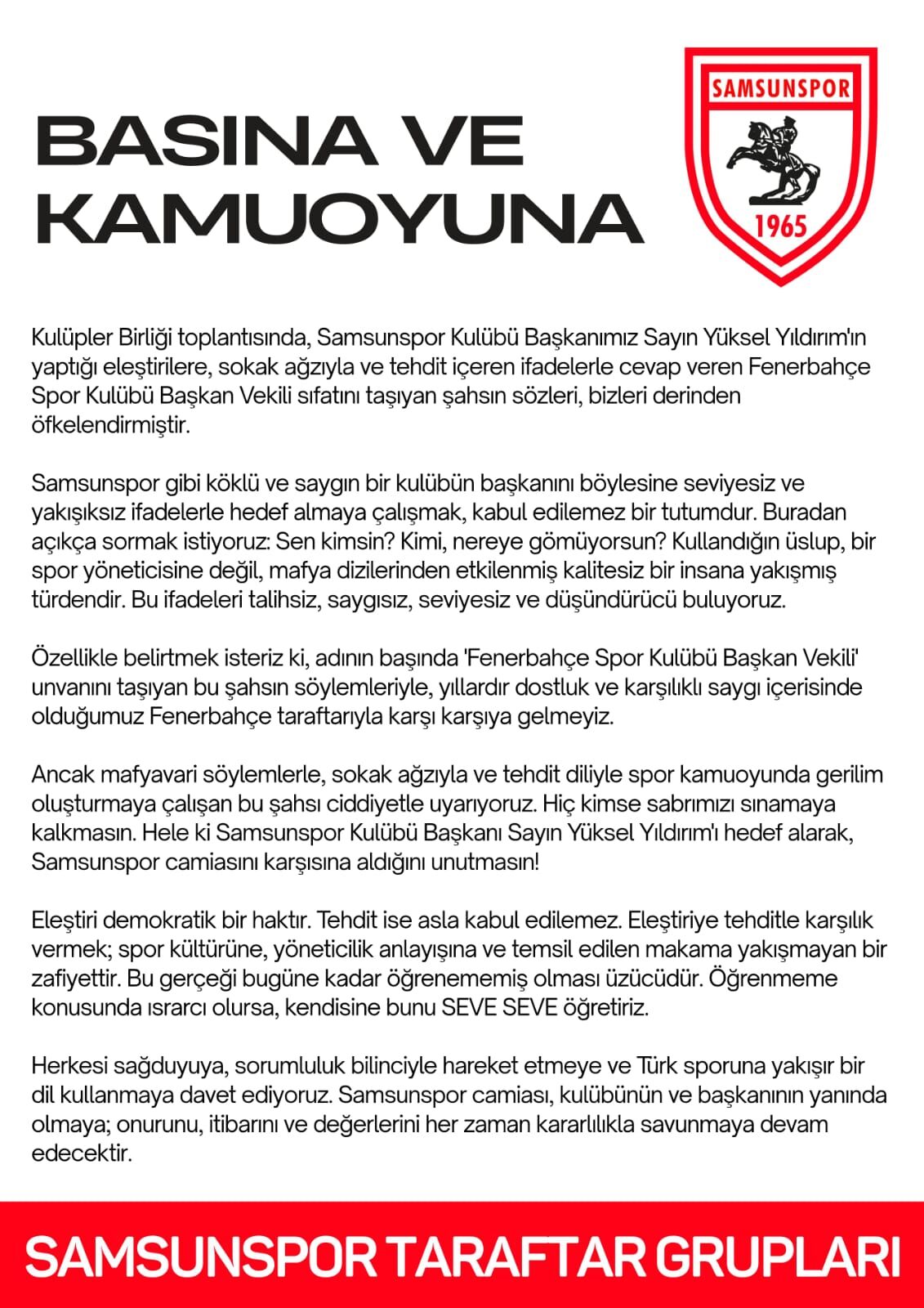 samsunspor haber: Samsunspor taraftar gruplarından Barış Göktürk'e sert tepki  