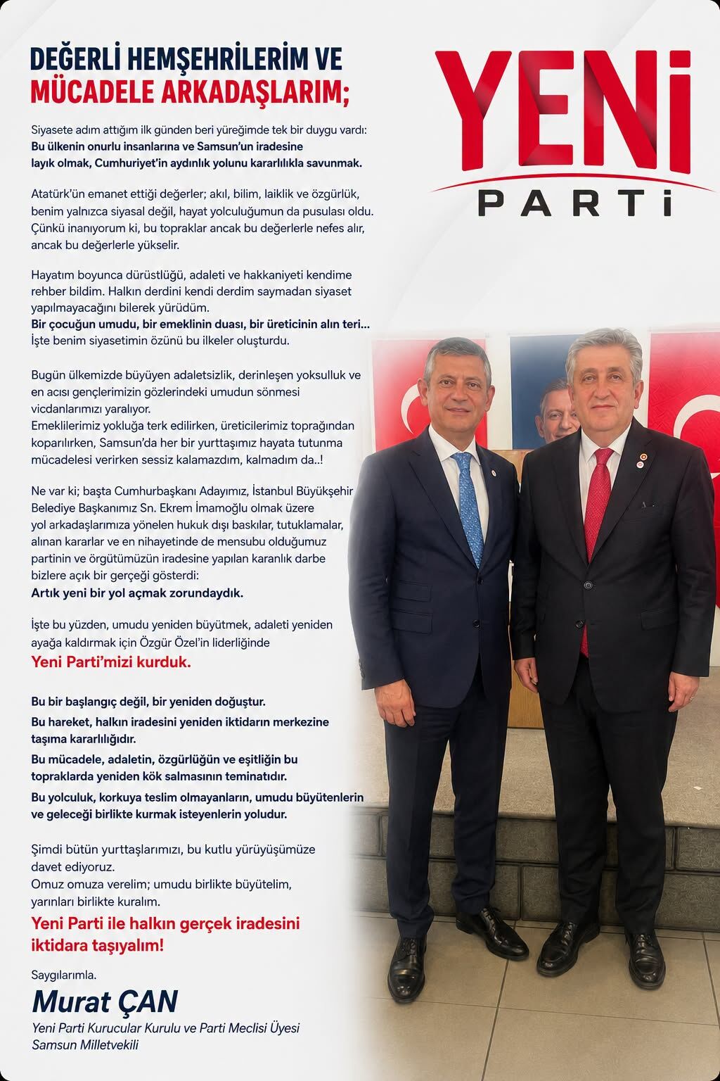 samsun haber: Yeni Parti Samsun Milletvekili Murat Çan'dan birlik çağrısı