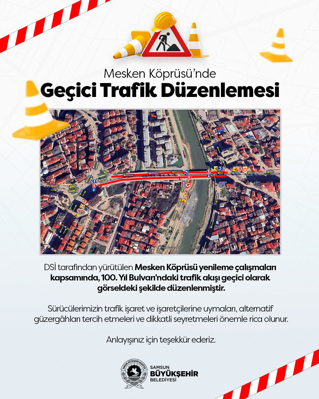 Samsun Haber. Samsun Mesken Köprüsü yenileniyor: Sürücülere önemli uyarı