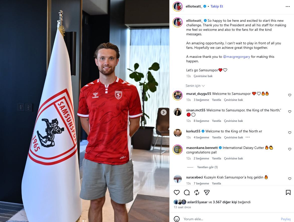 samsunspor haber: Elliot Watt imzayı attı! Samsunspor taraftarına dikkat çeken mesaj