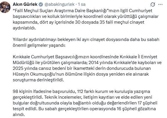 Bakan Akın Gürlek'ten dikkat çeken açıklama: Bu sabah gözaltına alındılar