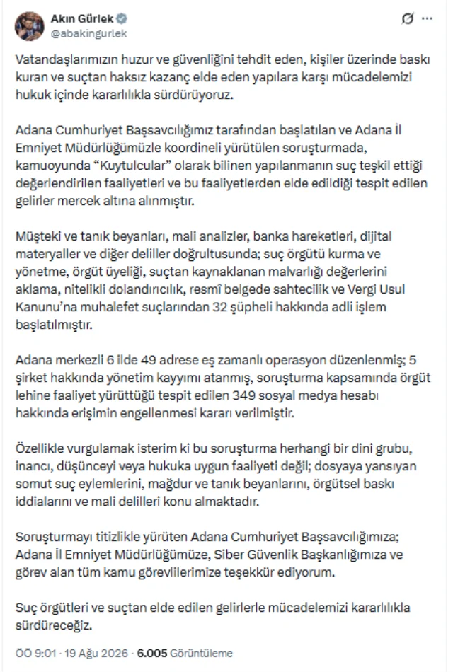 Bakan Gürlek açıkladı! "Kuytulcular" soruşturmasında yeni detaylar