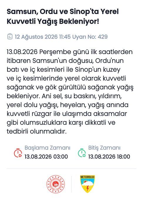 samsun haber: Meteoroloji'den Samsun için kuvvetli yağış uyarısı
