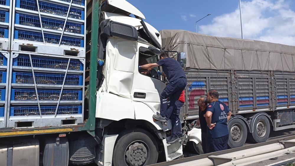 Samsun Haber.Samsun'da canlı tavuk yüklü tır kamyona çarptı! 2 yaralı