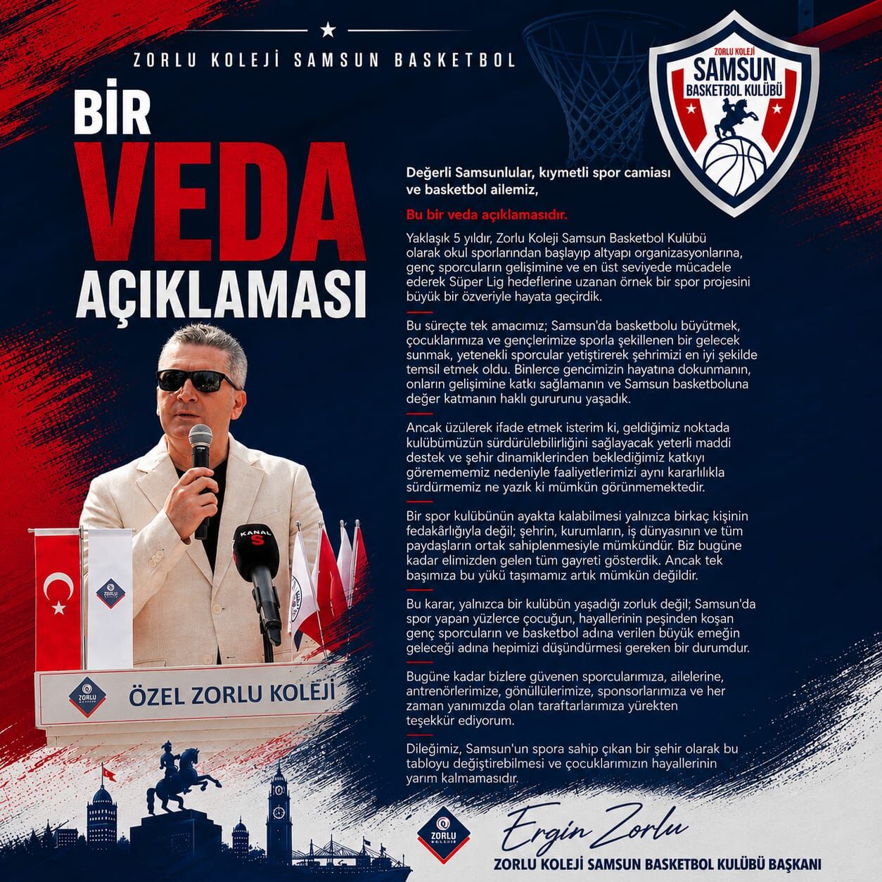 Zorlu Koleji Samsun Basketbol'dan şok karar! Destek bulamadı, veda etti
