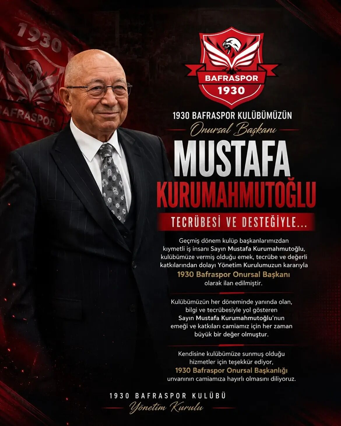 samsun haber 1930 Bafraspor'da Mustafa Kurumahmutoğlu'na onursal başkanlık