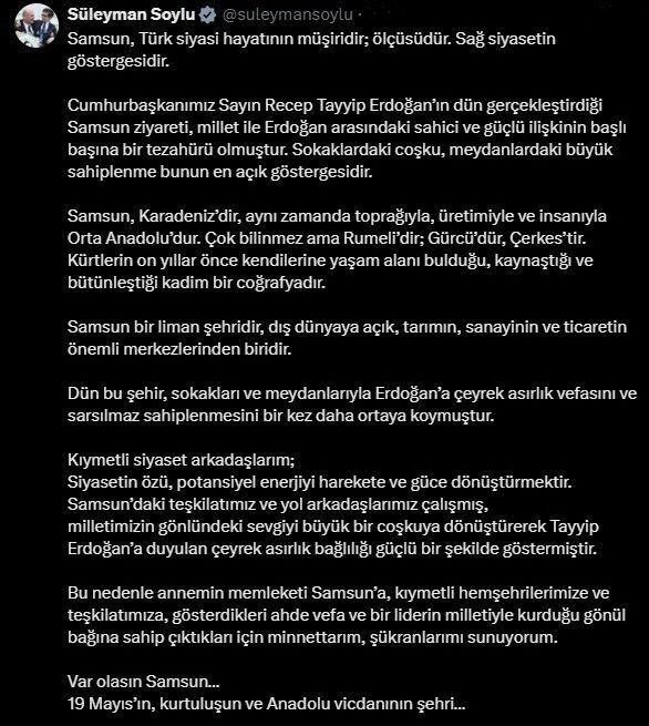 samsun haber: Süleyman Soylu’dan övgü dolu sözler: “Var olasın Samsun”