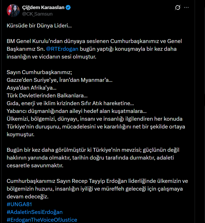 Samsun Haber: Erdoğan’ın BM konuşması sonrası Samsun’dan dikkat çeken mesaj
