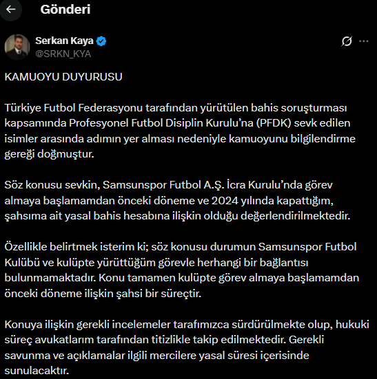 Samsunspor Haber: Samsunspor'da Serkan Kaya’dan bahis açıklaması