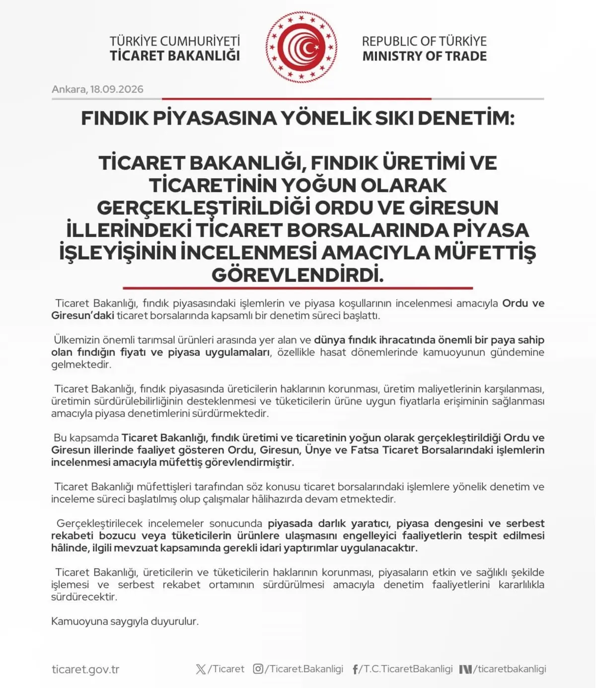 Fındık piyasasına müfettiş indi: Samsun listede yok