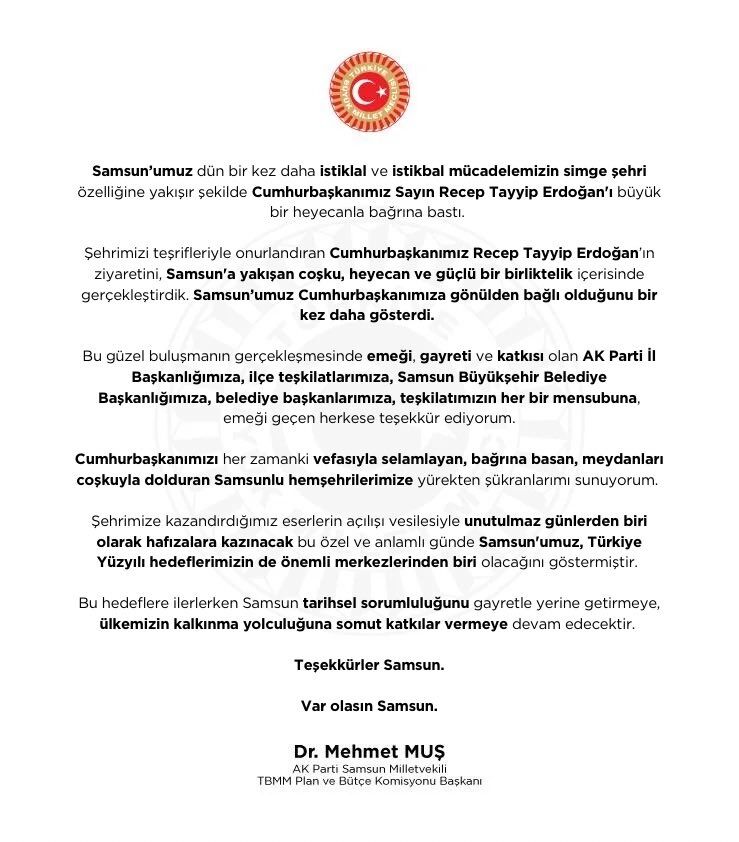 Samsun Haber: Erdoğan’ın Samsun ziyareti sonrası Dr. Mehmet Muş’tan dikkat çeken paylaşım