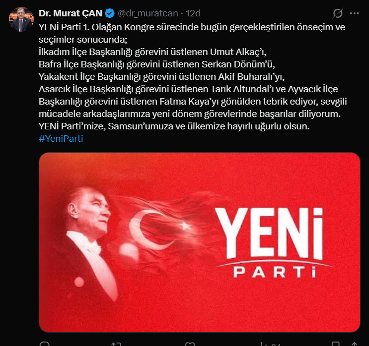 Samsun Haber: Yeni Parti’de yeni dönem! Samsun Milletvekili Dr.Murat Çan ilçe başkanlarını duyurdu