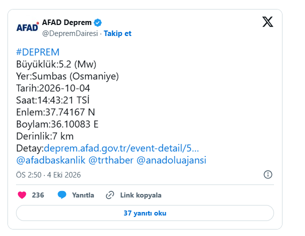 Son dakika! Osmaniye’de 5,2 büyüklüğünde deprem