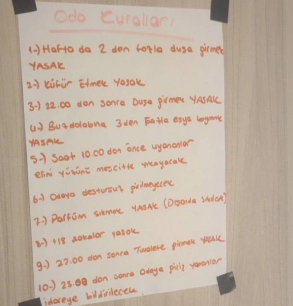 Kız yurdunda asılan liste olay oldu! “22.00’den sonra tuvalet yasak”
