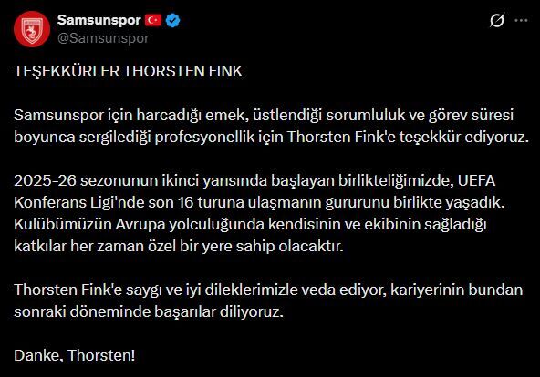 Samsunspor Haber: Samsunspor’dan Fink’e veda mesajı