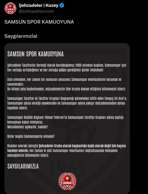 Samsunspor Haber: Anıl'ın istifası sonrası Samsunspor taraftar gruplarından önemli karar