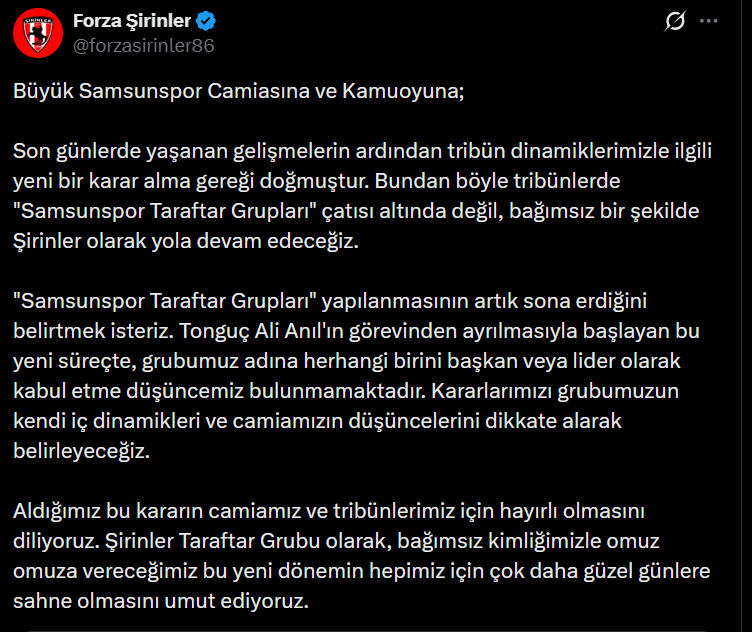 Samsunspor Haber: Anıl'ın istifası sonrası Samsunspor taraftar gruplarından önemli karar