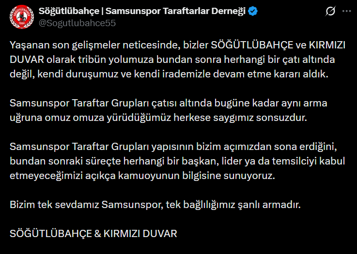 Samsunspor Haber: Anıl'ın istifası sonrası Samsunspor taraftar gruplarından önemli karar