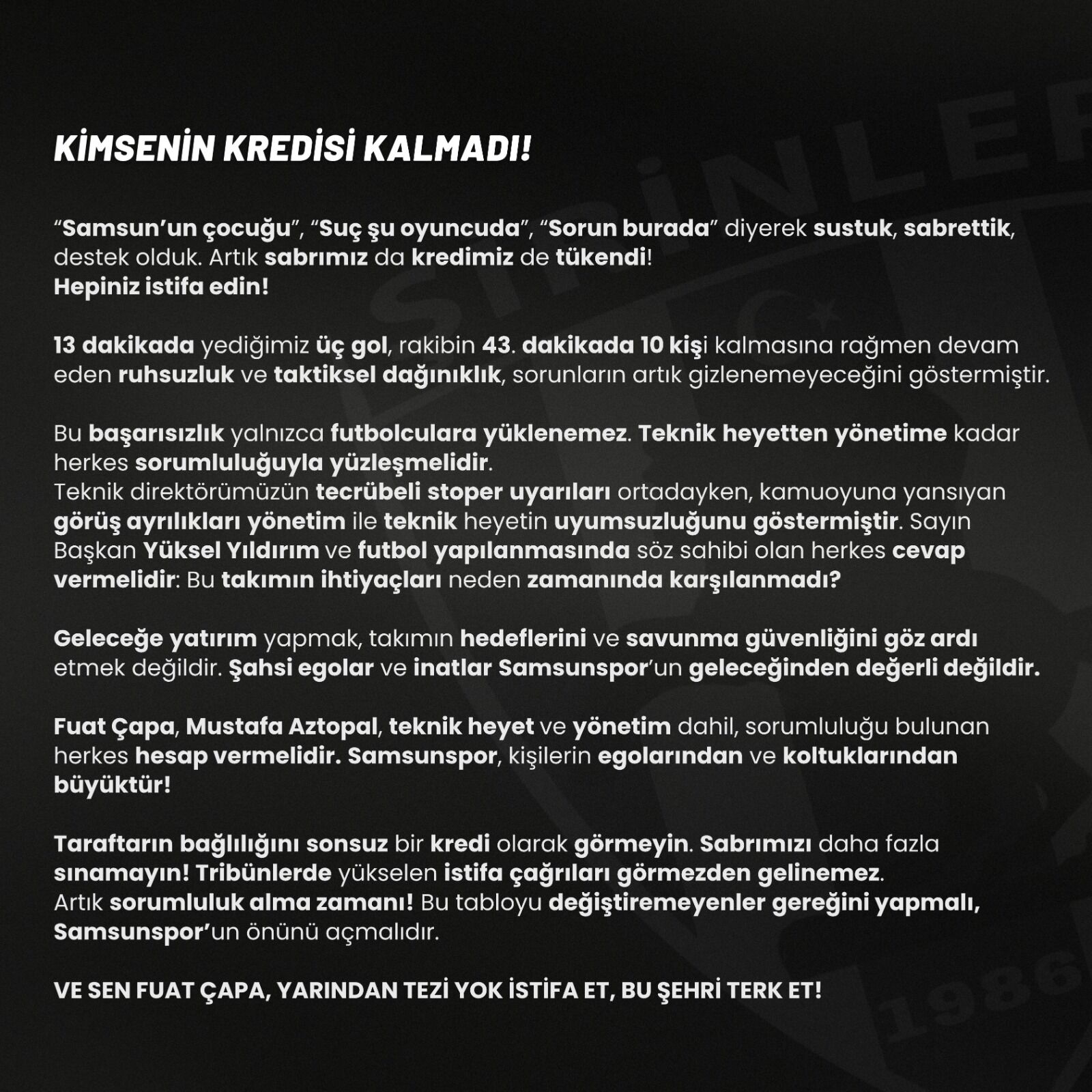 Samsunspor’da Şirinler’den istifa çağrısı